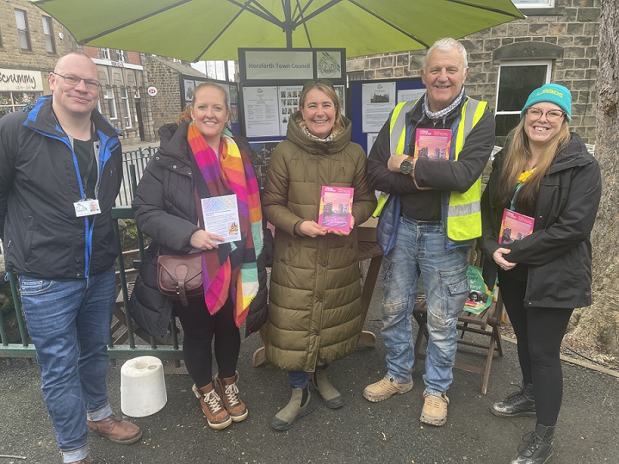 Photo of Horsforth Farmer's Market. Horsforth Town Councillors join Claire Evans, ABCD Community Builder and Kezia Roberts, community host for Leeds 2023 Year of Culture