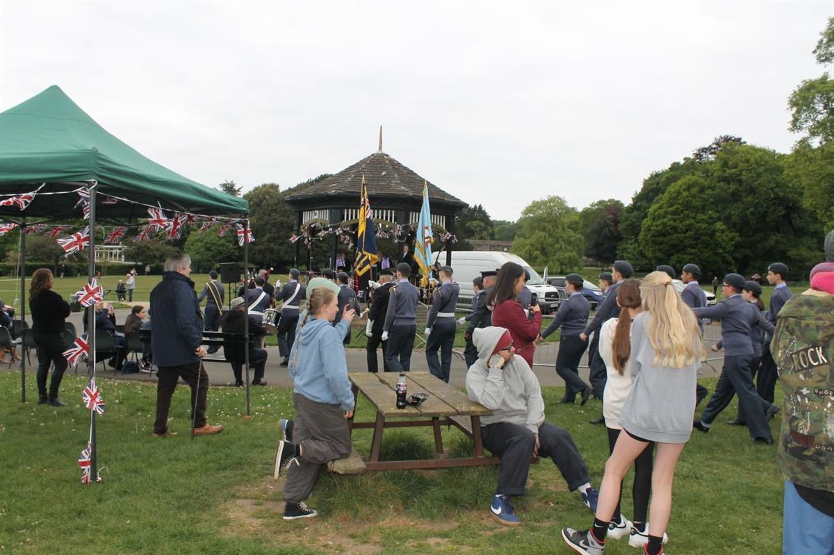 Band march in Horsforth Hall Park for 80th anniversary of VE Day
