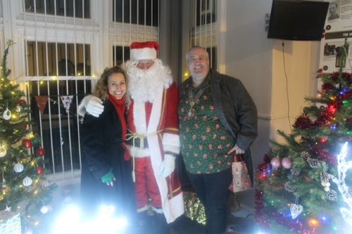 Horsforth Christmas lights switch on 2024. Christmas market. Chair Cllr Simon Dowling, MP Katie White and Santa.